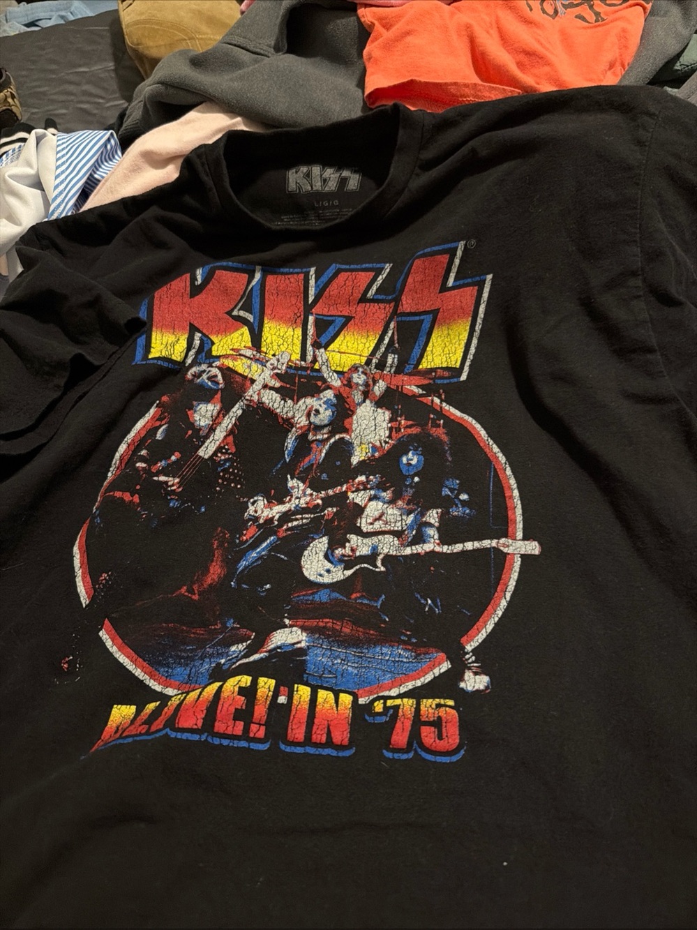 Kiss Black Graphic Tee with Red, Yellow & Blue Band Art large